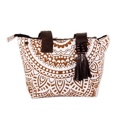 Leather accented cotton tote, 'Mughal Mandala in Sepia' - Mandala Motif Leather Accented Cotton Tote in Sepia