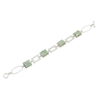 Jade link bracelet, 'Fascinating Geometry' - 925 Sterling Silver Bracelet Geometric Design with Jade