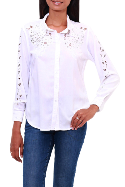 Rayon button-up blouse, 'Floral Cloud in White' - Floral Rayon Button-Front Blouse in White from Bali