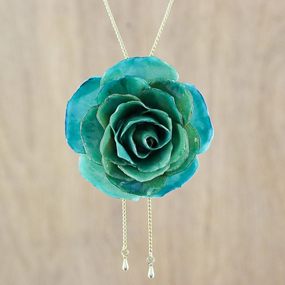 Gold plated natural rose lariat necklace, 'Turquoise Garden Rose' - Gold-Plated Turquoise Natural Rose Lariat Necklace