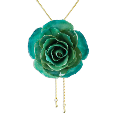 Gold plated natural rose lariat necklace, 'Turquoise Garden Rose' - Gold-Plated Turquoise Natural Rose Lariat Necklace