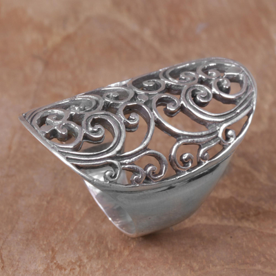 Sterling silver cocktail ring, 'Sylvan Shield' - Indonesian Handmade Sterling Silver Ring with Swirl Motifs