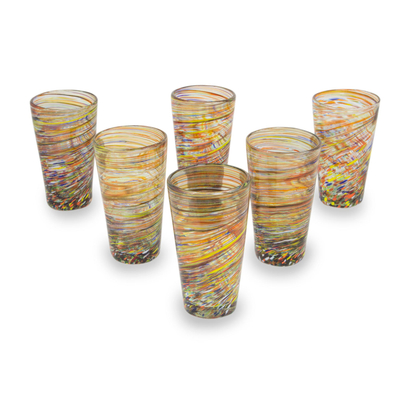 Blown glass highball glasses, 'Rainbow Centrifuge' (set of 6) - Hand Blown Mexican Multicolor 13 oz Highball Glasses (6)