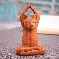 Wood sculpture, 'Toward the Sky Brown Yoga Cat'
