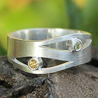 Citrine and peridot band ring, 'Revelations' - Handcrafted Silver and Citrine Band Ring