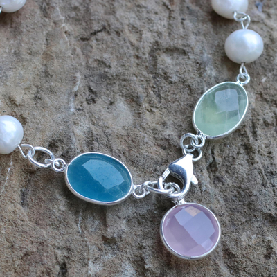 Cultured pearl and chalcedony link bracelet, 'Glowing Pastels' - Cultured Pearl and Chalcedony Link Bracelet from Thailand