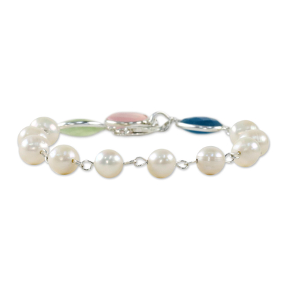 Cultured pearl and chalcedony link bracelet, 'Glowing Pastels' - Cultured Pearl and Chalcedony Link Bracelet from Thailand