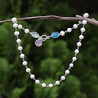 Cultured pearl and chalcedony strand necklace, 'Glowing Pastels' - Cultured Pearl and Chalcedony Link Necklace from Thailand