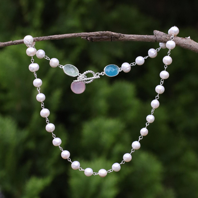 Collar de hilo de perlas cultivadas y calcedonia - Collar de eslabones de perlas cultivadas y calcedonia de Tailandia