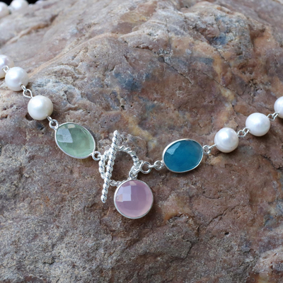 Cultured pearl and chalcedony strand necklace, 'Glowing Pastels' - Cultured Pearl and Chalcedony Link Necklace from Thailand