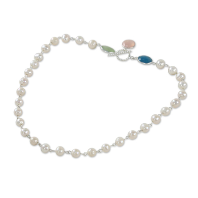 Collar de hilo de perlas cultivadas y calcedonia - Collar de eslabones de perlas cultivadas y calcedonia de Tailandia