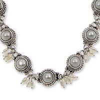 Cultured pearl link necklace, 'Moons and Shooting Stars' - Pearl and Sterling Silver Link Necklace