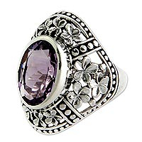 Amethyst flower ring, 'Silence' - Sterling Silver and Amethyst Flower Ring from Bali