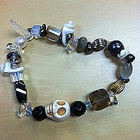 Cultured pearl and moonstone beaded bracelet, 'Treasure Skull' - Cultured pearl and moonstone beaded bracelet