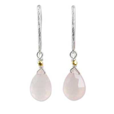 Gold accent chalcedony dangle earrings, 'Effortless Pink Glam' - Silver Handcrafted Pink Chalcedony Gold Accent Earrings