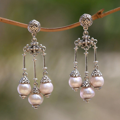 Cultured pearl chandelier earrings, 'Trinity in Pink' - Pink Cultured Pearl Chandelier Earrings