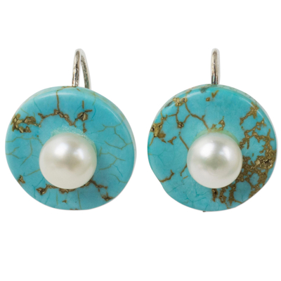 Calcite and cultured pearl drop earrings, 'Bohemian Moon' - Turquoise Color Calcite Earrings with Cultured Pearls
