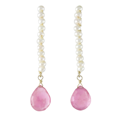 Gold plated cultured pearl and quartz dangle earrings, 'Dreaming of You' - Cultured Pearl and Pink Quartz Dangle Earrings