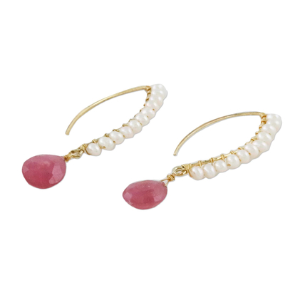 Gold plated cultured pearl and quartz dangle earrings, 'Dreaming of You' - Cultured Pearl and Pink Quartz Dangle Earrings