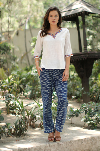 Block-printed cotton pants, 'Steps' - Zigzag Block-Printed Cotton Pants from India