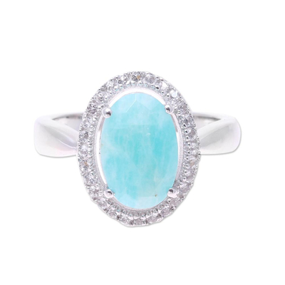 Rhodium plated amazonite and white topaz cocktail ring, 'Ocean Princess' - Sterling Silver Blue Amazonite White Topaz Cocktail Ring
