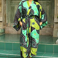 Women's batik robe, 'Emerald Birds'
