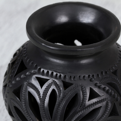 Ceramic decorative vase, 'Dark Petals' - Openwork Floral Ceramic Decorative Vase from Mexico
