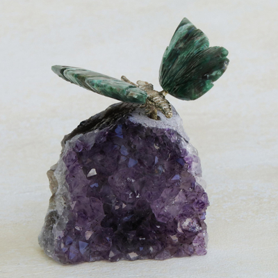 Serpentinite and amethyst gemstone figurine, 'Forest Wings' - Serpentinite and Amethyst Butterfly Gemstone Figurine