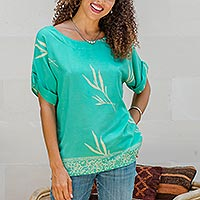 Rayon batik blouse, 'Balinese Breeze in Turquoise'