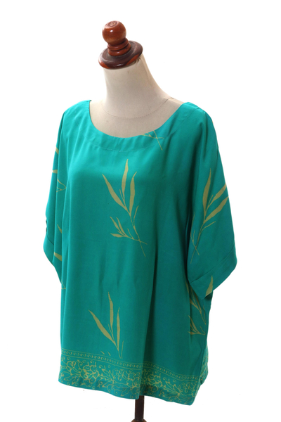 Blusa batik de rayón, 'Balinese Breeze in Turquoise' - Blusa batik de rayón en turquesa y limón de Bali