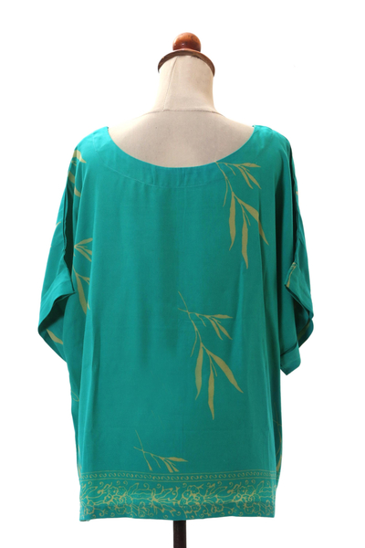 Blusa batik de rayón, 'Balinese Breeze in Turquoise' - Blusa batik de rayón en turquesa y limón de Bali