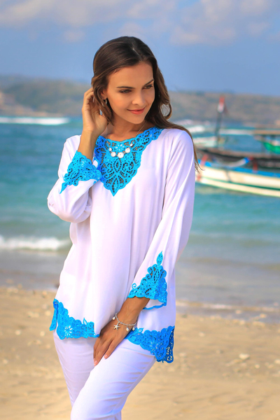 Rayon tunic, 'Kayangan in White' - White and Turquoise Embroidered Rayon Tunic from Bali