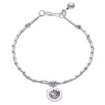 Silver charm bracelet, 'Lotus Calm' - Thai Karen Hill Tribe Silver Beaded Lotus Charm Bracelet