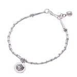 Silver charm bracelet, 'Lotus Calm' - Thai Karen Hill Tribe Silver Beaded Lotus Charm Bracelet