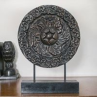 Wood sculpture, 'Heart of the Moon' - Hand Carved Floral Relief Wood Sculpture from Thailand