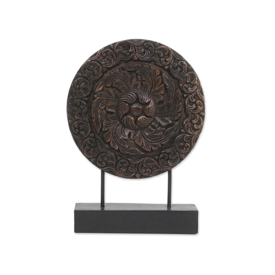 Wood sculpture, 'Heart of the Moon' - Hand Carved Floral Relief Wood Sculpture from Thailand