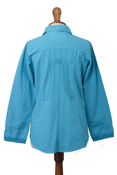 Cotton blouse, 'Lily of the Incas in Turquoise' - Turquoise Cotton Button-Up Blouse