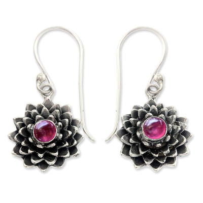 Ruby earrings, 'July Water Lily' - Sterling Silver and Ruby Dangle Earrings