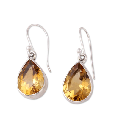 Citrine dangle earrings, 'Yellow Glimmer' - 9-Carat Teardrop Citrine Dangle Earrings from India