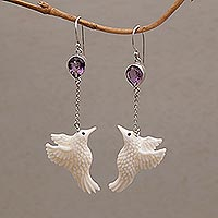 Amethyst dangle earrings, 'Dancing Hummingbirds' - Amethyst and Bone Hummingbird Dangle Earrings from Bali