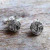 Sterling silver stud earrings, 'Bird Nests' - Sterling Silver Stud Earrings Round Shape from Thailand