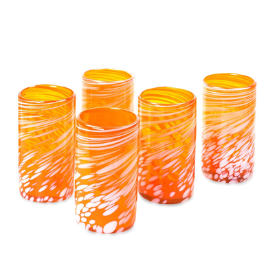 Blown glass tumblers, 'Festive Orange' (set of 5) - Set of 5 Orange Artisan Crafted Hand Blown Glasses