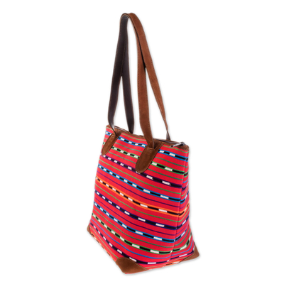 Leather accent cotton shoulder bag, 'Scarlet Maya' - Hand Made Cotton and Leather Tote Bag