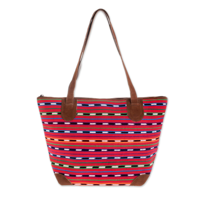 Leather accent cotton shoulder bag, 'Scarlet Maya' - Hand Made Cotton and Leather Tote Bag