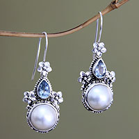 Cultured pearl and blue topaz floral earrings, 'Frangipani Trio' - Sterling Silver Pearl and Blue Topaz Earrings from Bali