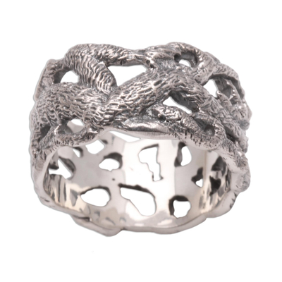 Men's sterling silver band ring, 'Monkey Business' - Men's Hand Crafted Sterling Silver Band Ring