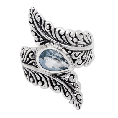 Blue topaz cocktail ring, 'Ferny Caress' - Blue Topaz and Sterling Silver Fern Cocktail Ring from Bali