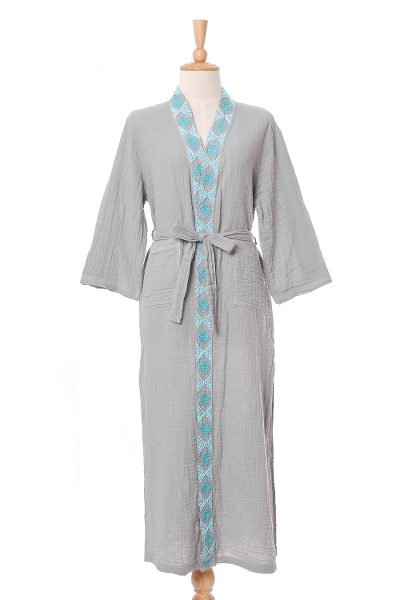 Cotton robe, 'Blue Diamonds' - Diamond Embroidered Cotton Robe in Ash from Thailand