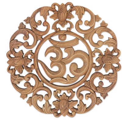 Wood relief panel, 'Flower Om' - Hand Made Wood Wall Relief Panel of Floral Om from Indonesia