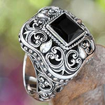 Indonesian Onyx and Sterling Silver Cocktail Ring, 'Gothic Realm'